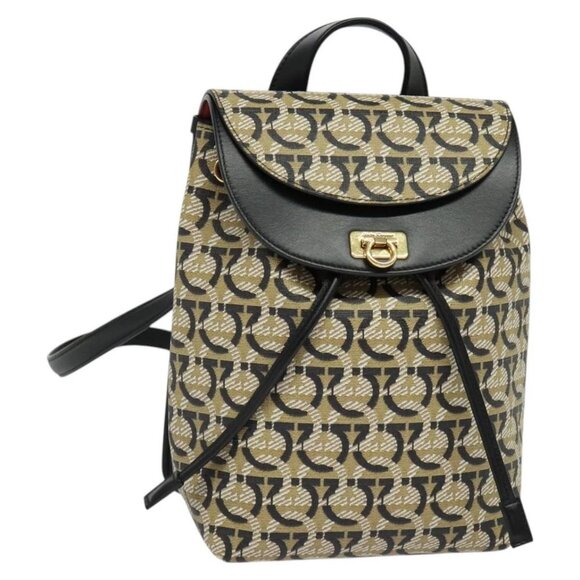 Salvatore Ferragamo Handbags - Salvatore Ferragamo Gancini Backpack PVC Leather Beige Gold Auth
